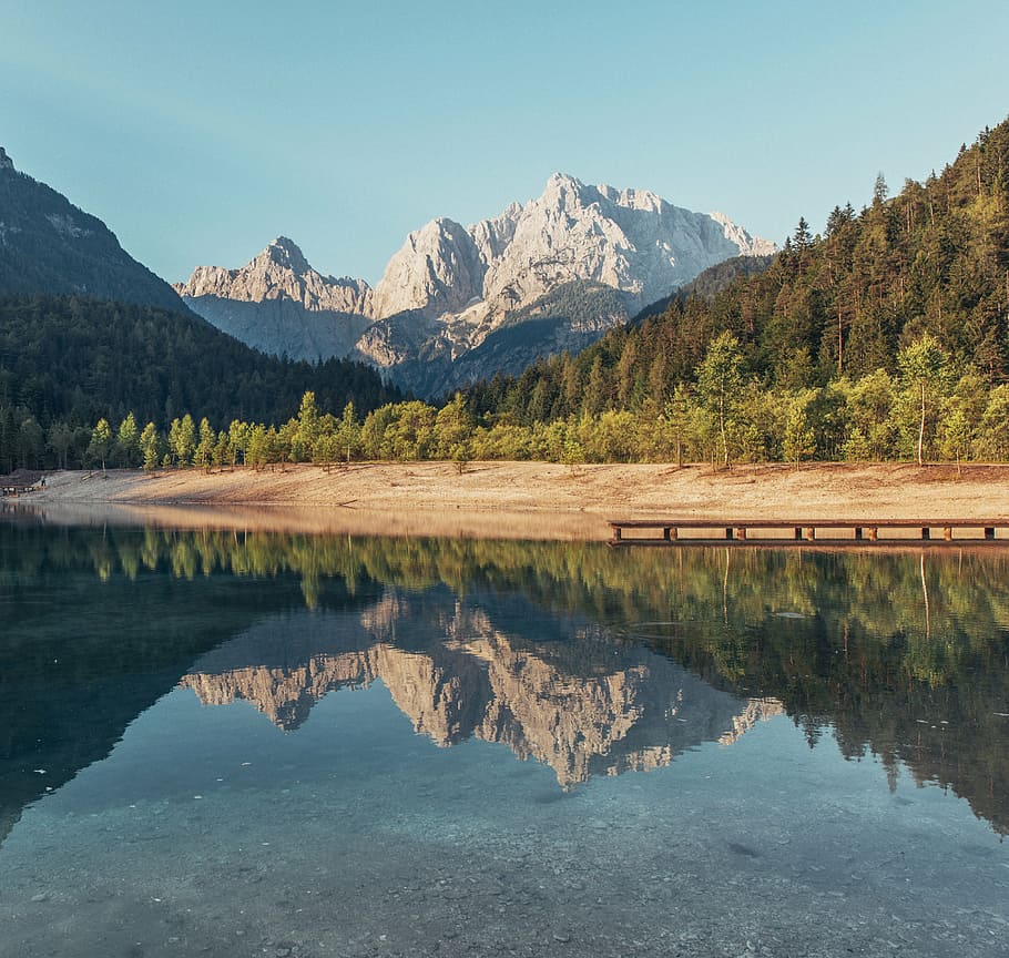 panoramic photo of lake, mountains, postcard, river, drought