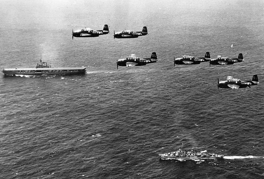 grayscale photograph of propeller planes, second, war, ship HD wallpaper