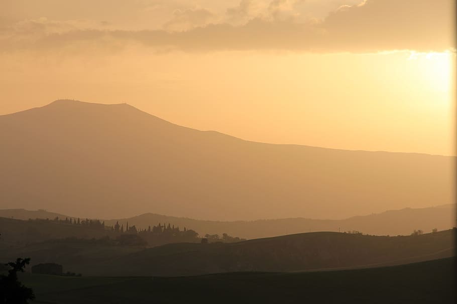 landscape photography of mountains, sunset, tuscany, italy HD wallpaper