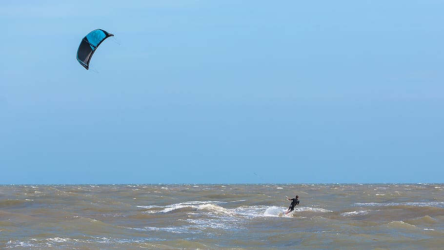 kite surfer, wind, sea, sky, surfing, sport, ocean, water, kiteboard HD wallpaper