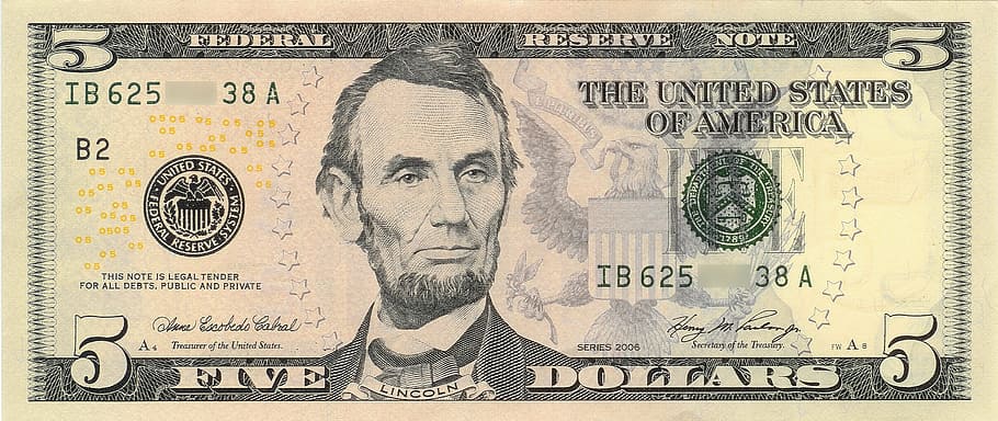 5 U.S. dollar banknote, abraham lincoln, 16th president of the united states, HD wallpaper