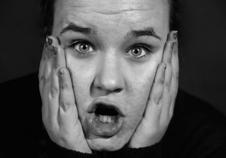 grayscale photography of person in shock facial expression HD wallpaper