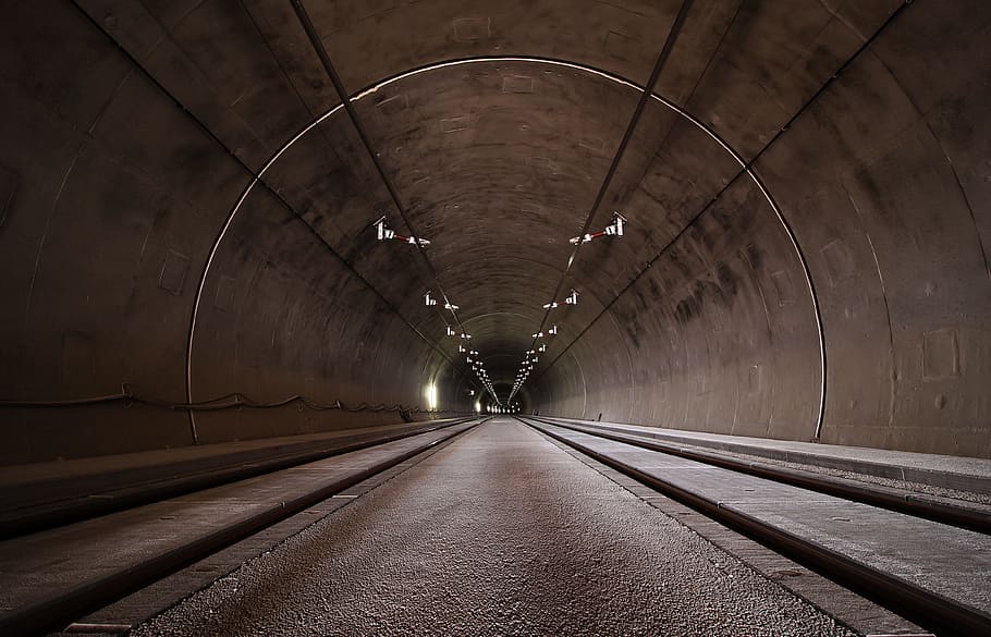 shallow focus photography of brown tunnel, concrete, lights, perspective, HD wallpaper