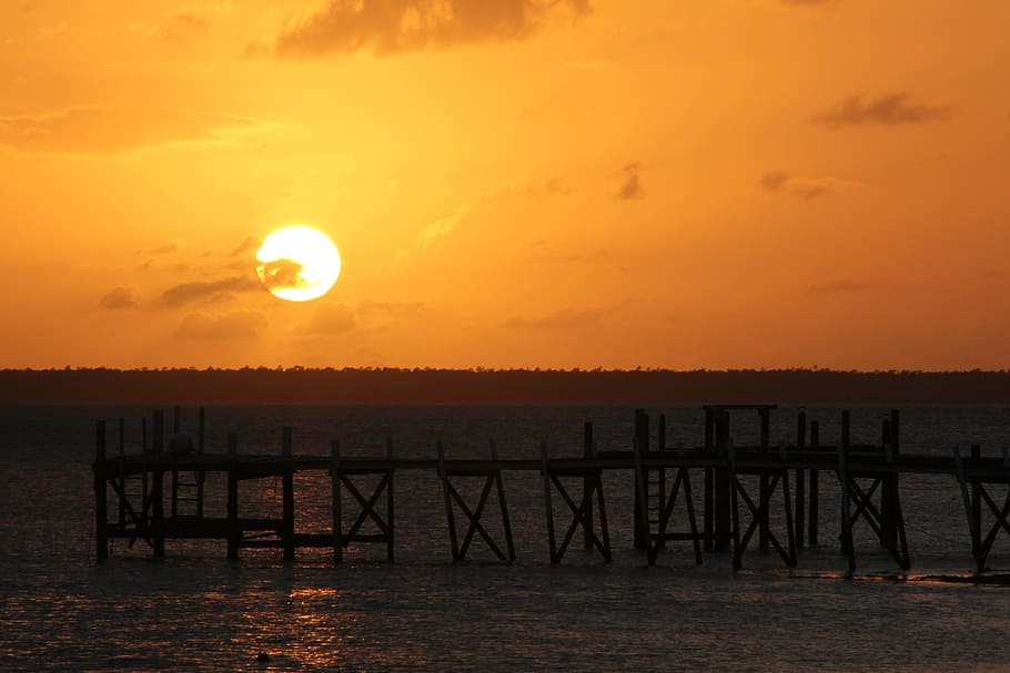 sunset by the beach, bahamas, pier, dock, sea, island, caribbean HD wallpaper