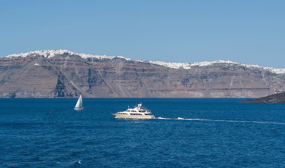 santorini, greece, mountains, cliffs, sky, water, boats, travel HD wallpaper