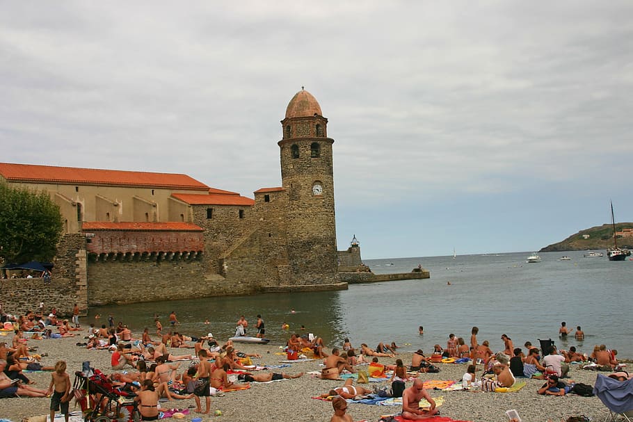 collioure, beach, bell tower, europe, sea, people, architecture HD wallpaper