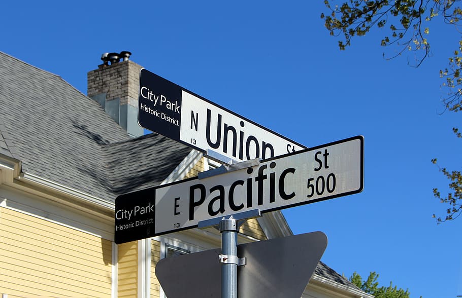 union, pacific, street, signs, historic, district, city park, HD wallpaper