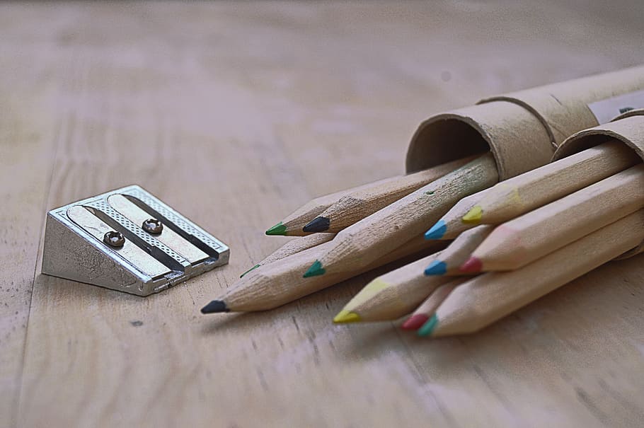 coloring pencils and eraser, colored pencils, pencil sharpener, HD wallpaper