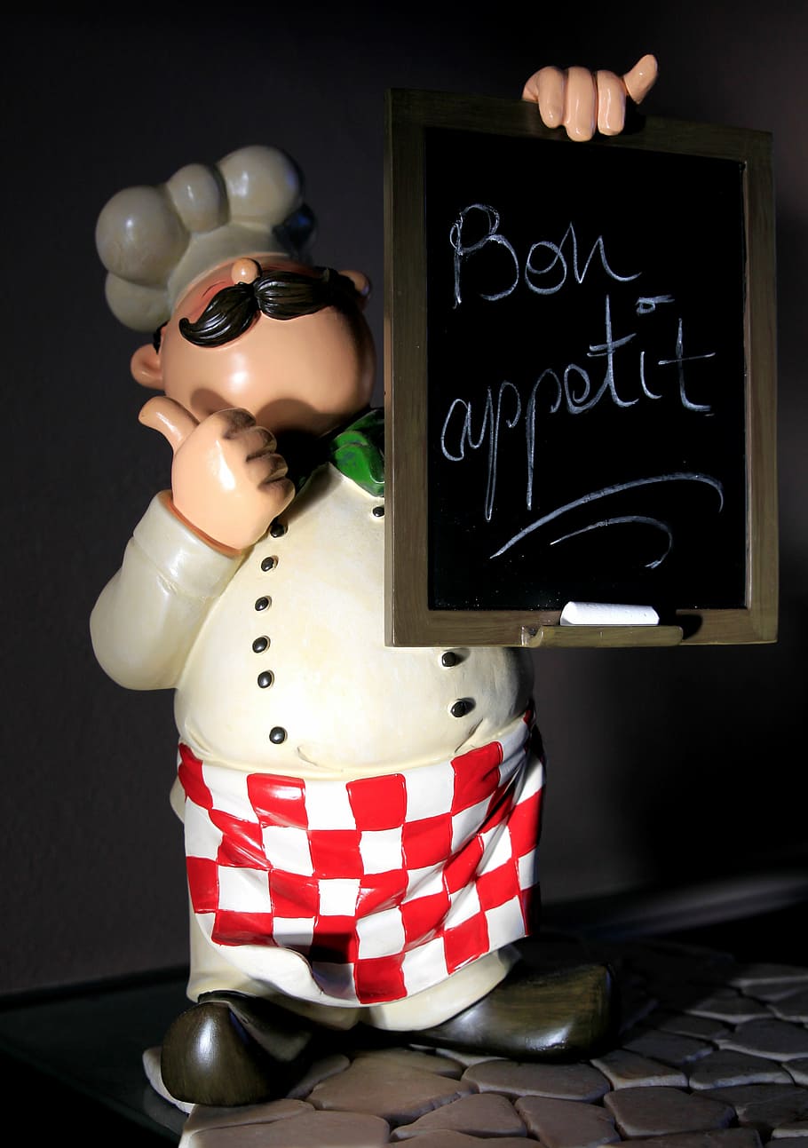 chef folding chalk board figurine, cooking, chef's hat, man, statue, HD wallpaper