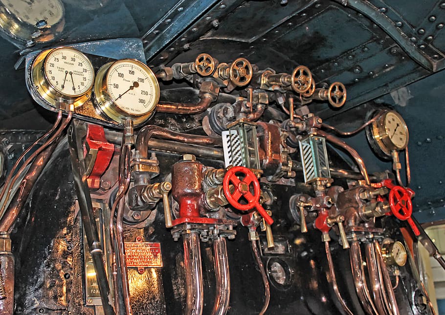steam engine, mallard, national rail museum, metal, large group of objects