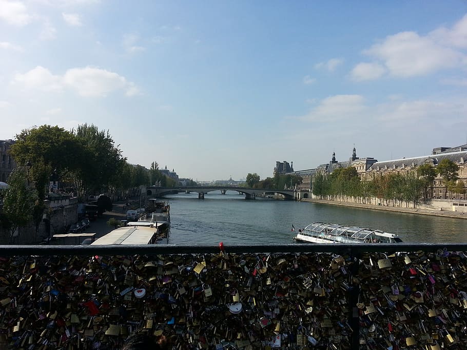 paris, france, padlock, bridge, landscape, water, river, europe, HD wallpaper