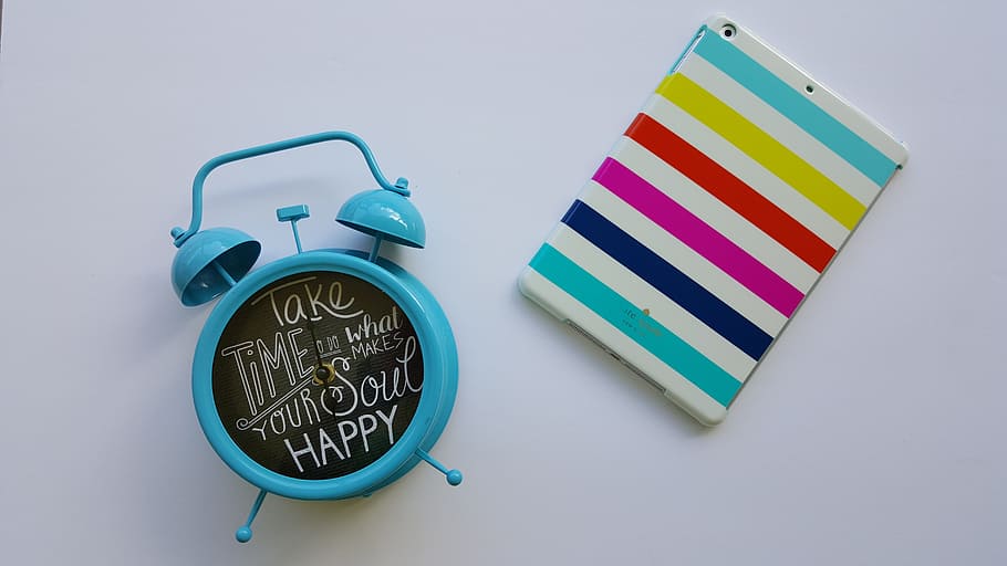 Clock, Stripes, Ipad, White, happy, turquoise, blue, studio shot HD wallpaper