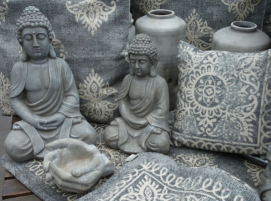 two Buddha ceramic figurine, buddha figure, stone figure, meditation, HD wallpaper
