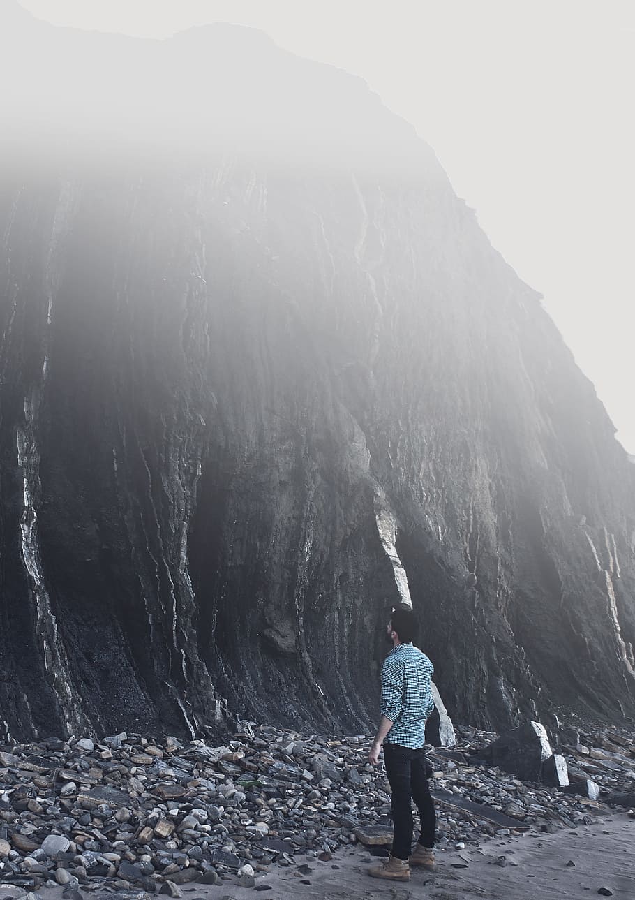 people, man, guy, alone, hill, cliff, rocks, coast, landscape HD wallpaper