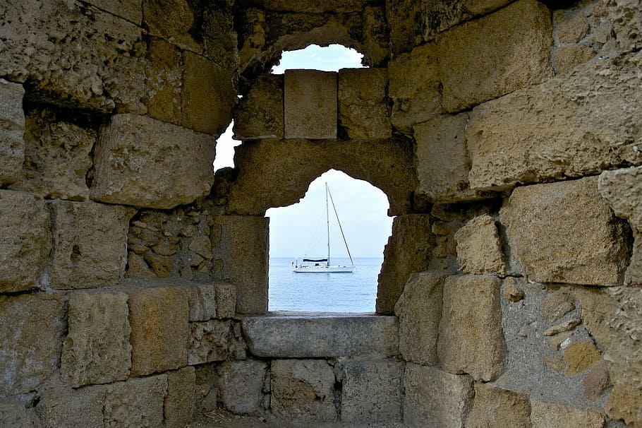 greece, wall, stone, opening, sea, ocean, water, view, nature HD wallpaper