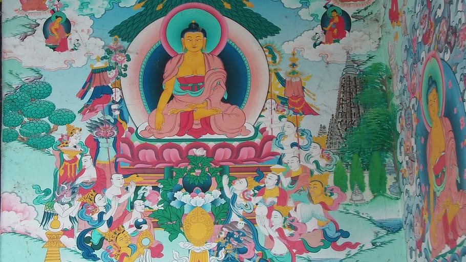 buddhist, buddhism, temple, monastery, painting, wall, art and craft HD wallpaper