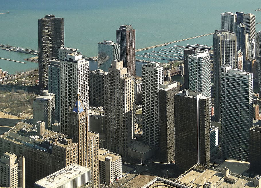 aerial photography of gray concrete buildings, chicago, big city, HD wallpaper