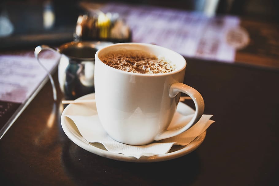 white mug on top of saucer filled with coffee, cup, drink, cafe HD wallpaper