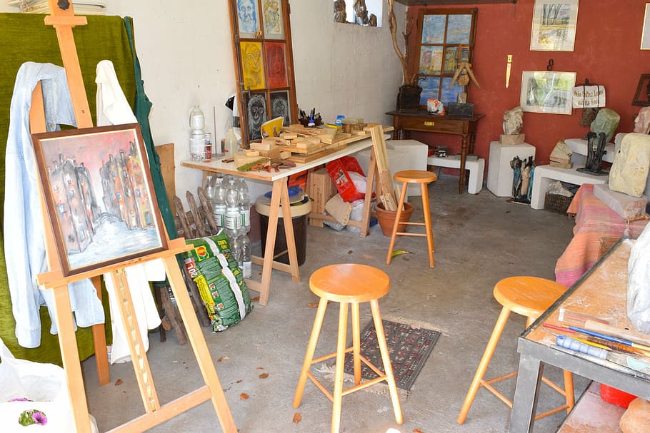painting on easel near workbencjh, garage, atelier, art, art workshop, HD wallpaper