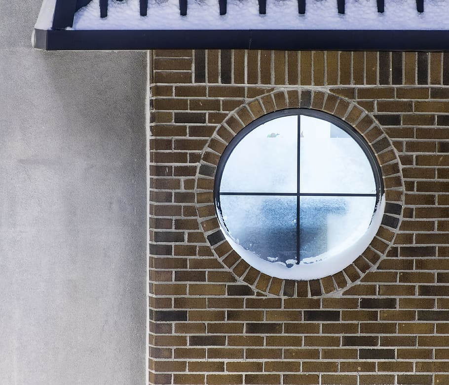 window, round, divided, fours, outside, snow, wall, brick, glass HD wallpaper