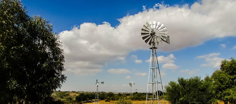 windmill, wheel, landscape, rural, countryside, clouds, sky HD wallpaper