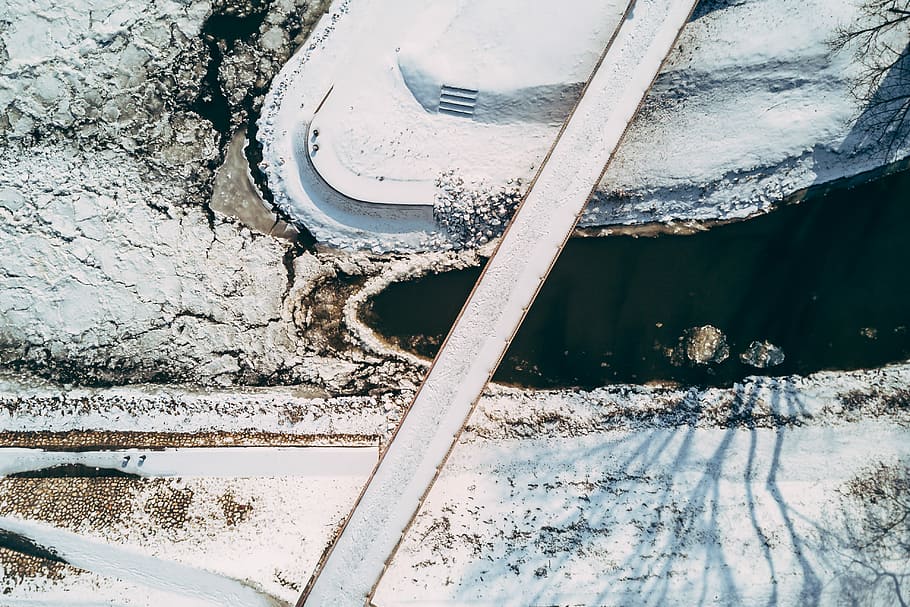 untitled, crossing, bridge, river, drone, drone view, cold temperature HD wallpaper