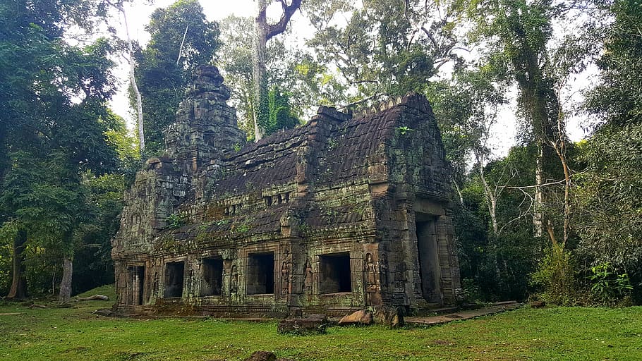 green and brown building, angkor, landscape, zen, stones, art, HD wallpaper