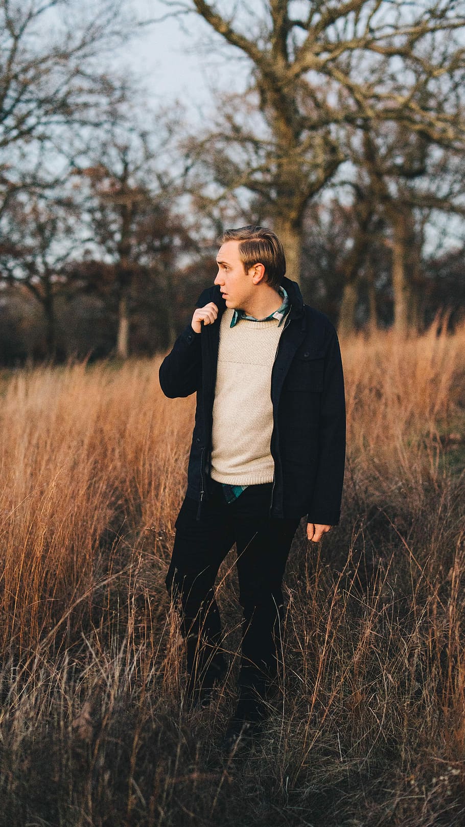 man standing on brown field, man in black jacket, male, coat HD wallpaper