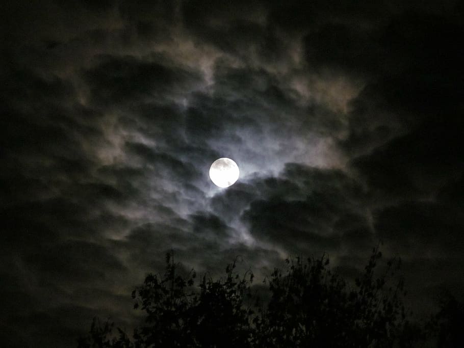 full moon on cloudy sky wallpaper, moonlight, night, evening sky, HD wallpaper