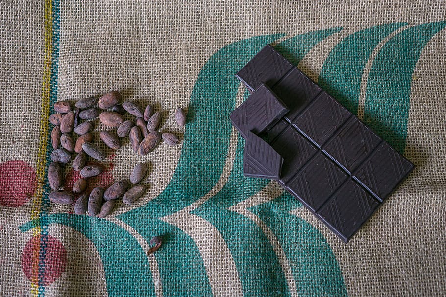 chocolate, cocoa beans, sweets, dessert, bag jutowy, eating HD wallpaper