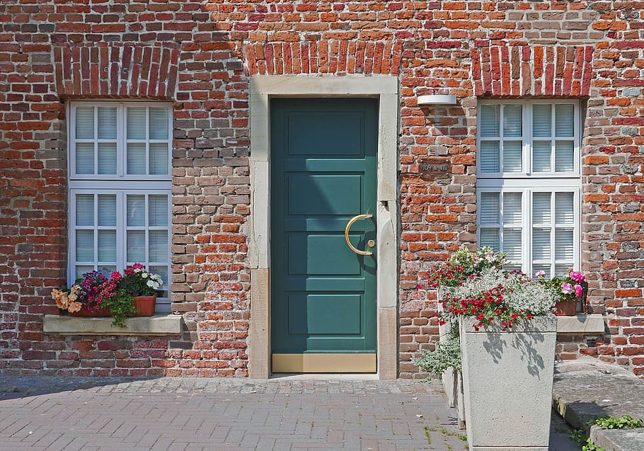 closed teal wooden door, old house, modern door, new window, wasserburg, HD wallpaper