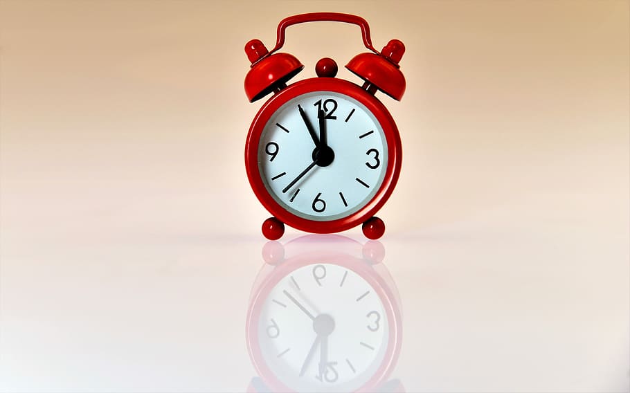 red alarm clock at 11:55, time of, arouse, pointer, ring the bell, HD wallpaper