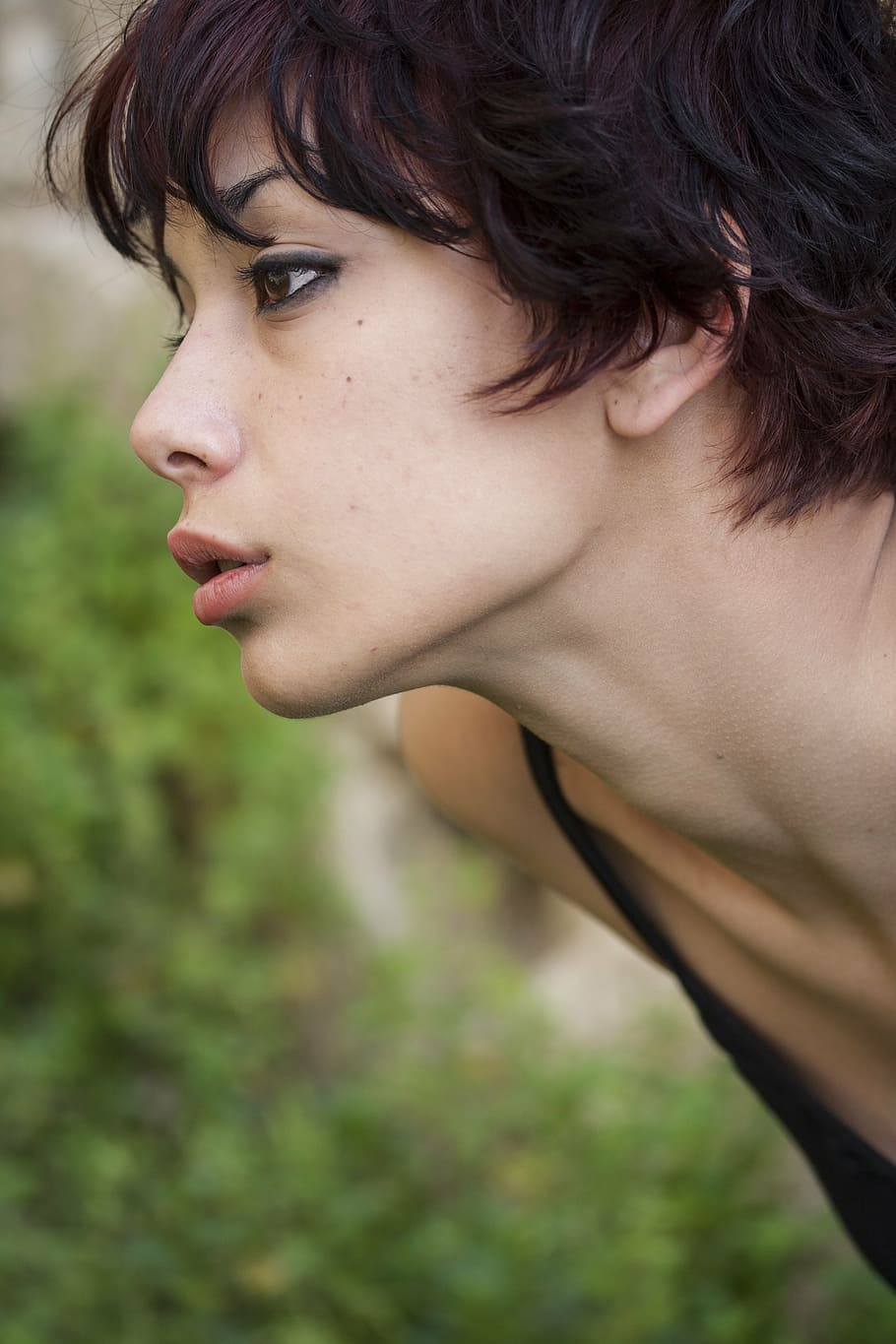 selective focus photographed of woman wearing black top, model