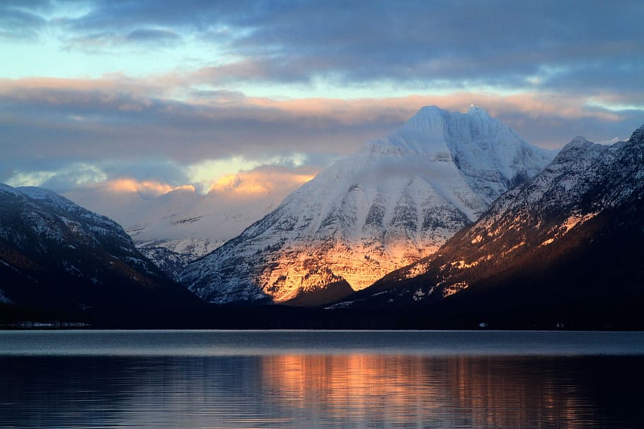 snow-topped mountain near body of water, lake mcdonald, sunset, HD wallpaper
