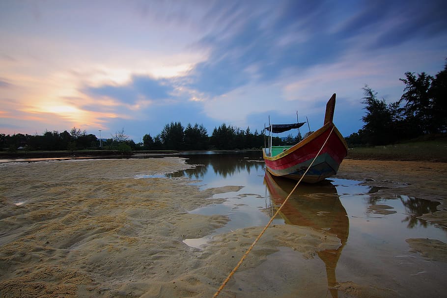 dawn, landscape, nature, sky, beach, canoe, clouds, evening, lake HD wallpaper
