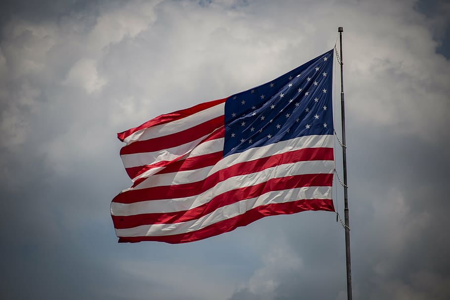 flag of US on gray pole, sky, clouds, USA, united states, america HD wallpaper