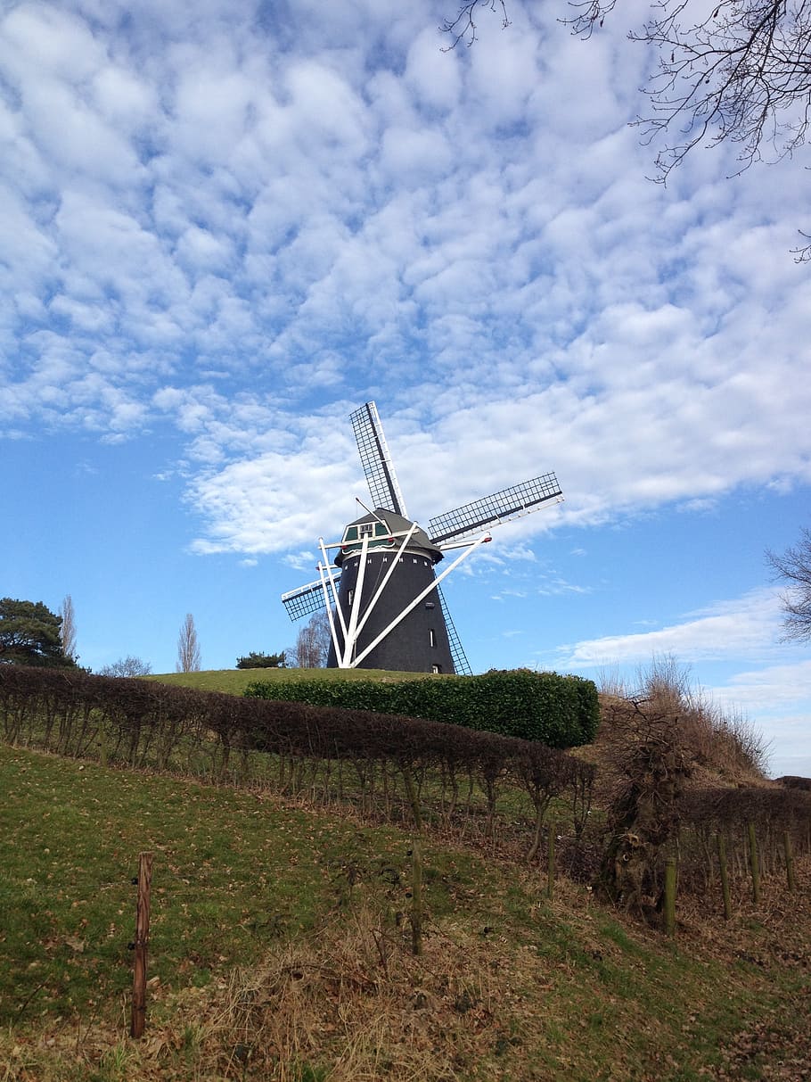 holland, windmill, netherlands, dutch, landscape, sky, renewable energy, HD wallpaper