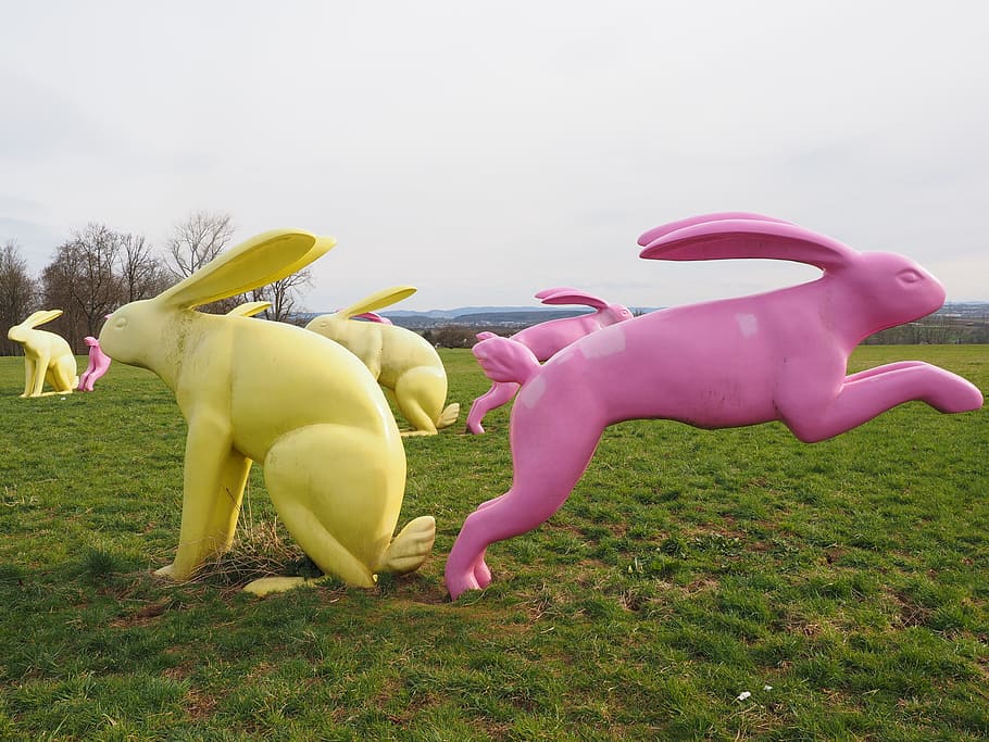 Rabbit, Artwork, Yellow, bunny couple, pink, seat and flitz rabbits, HD wallpaper