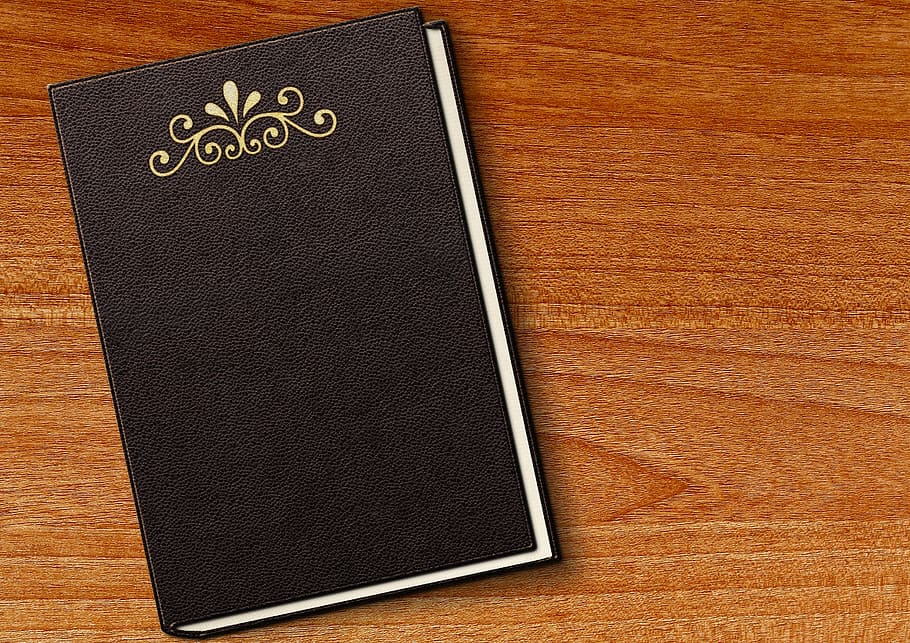 black leather journal, book, embossing, empty, book cover, front and back covers