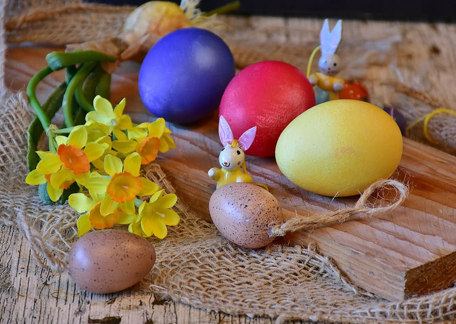 five assorted-color eater eggs on table, easter, easter eggs