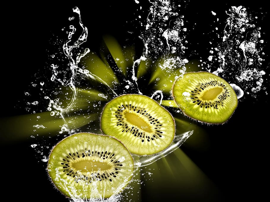 three slice of kiwi illustration, water splashes, fruits, drop of water, HD wallpaper