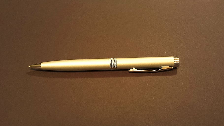 beige click pen on brown surface, ink, gold, write, letter HD wallpaper