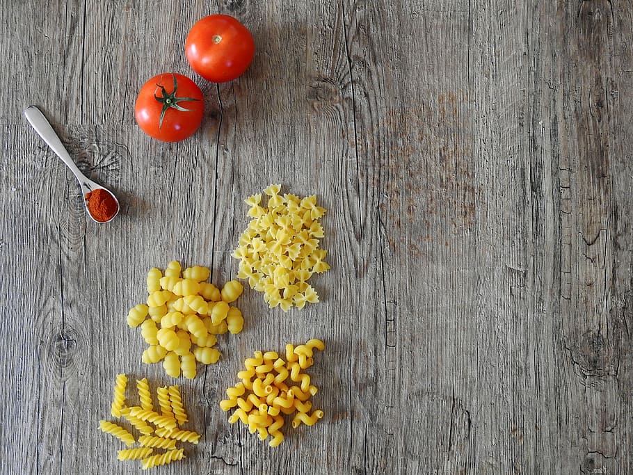 assorted pasta and tomato on table, eat, cook, dine, kitchen HD wallpaper
