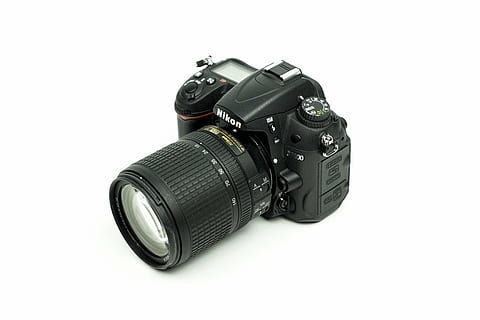 black Nikon DSLR camera, lens, floor, white, flash, technology HD wallpaper