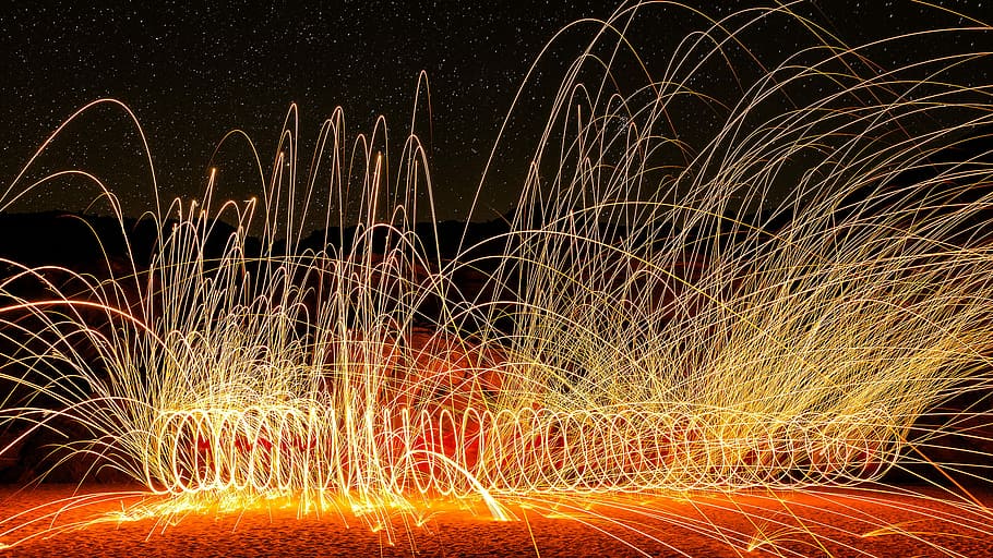 fireworks, steel wool photography, lights, night, dark, sparks HD wallpaper
