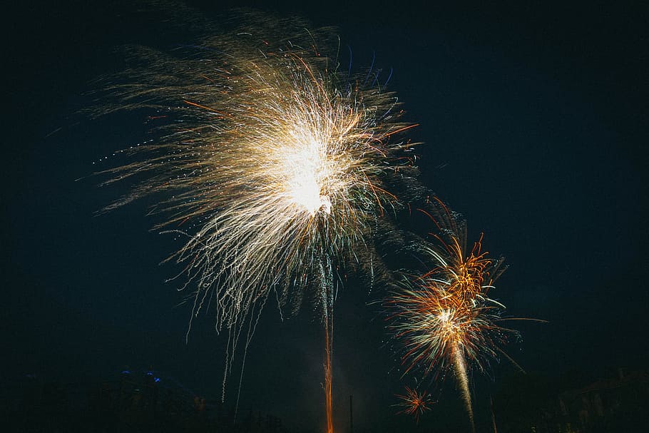 fireworks, lights, night, sky, celebration, party, illuminated HD wallpaper