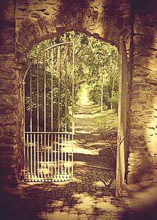 white gate and brick wall during daytime, iron gate, old, open door HD wallpaper