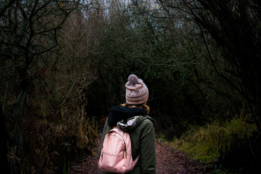 beanie, walking, exploring, backpack, jacket, pink, nature HD wallpaper