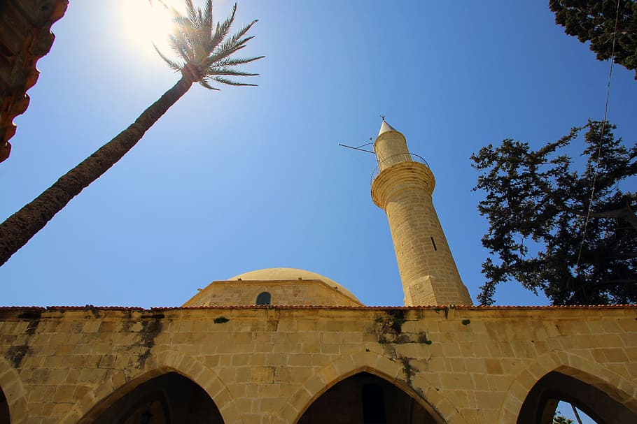 cyprus, palm, mosque, sun, sky, islam, minaret, architecture HD wallpaper