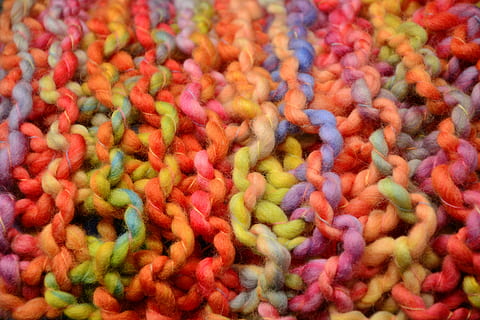 yellow, orange, and pink crochet textile, wool, knit, mesh HD wallpaper